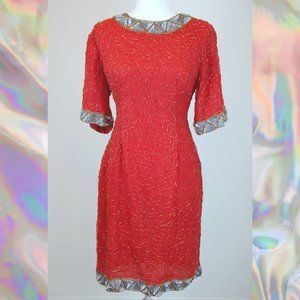 Vintage 80s Red Beaded Sequin Party Dress